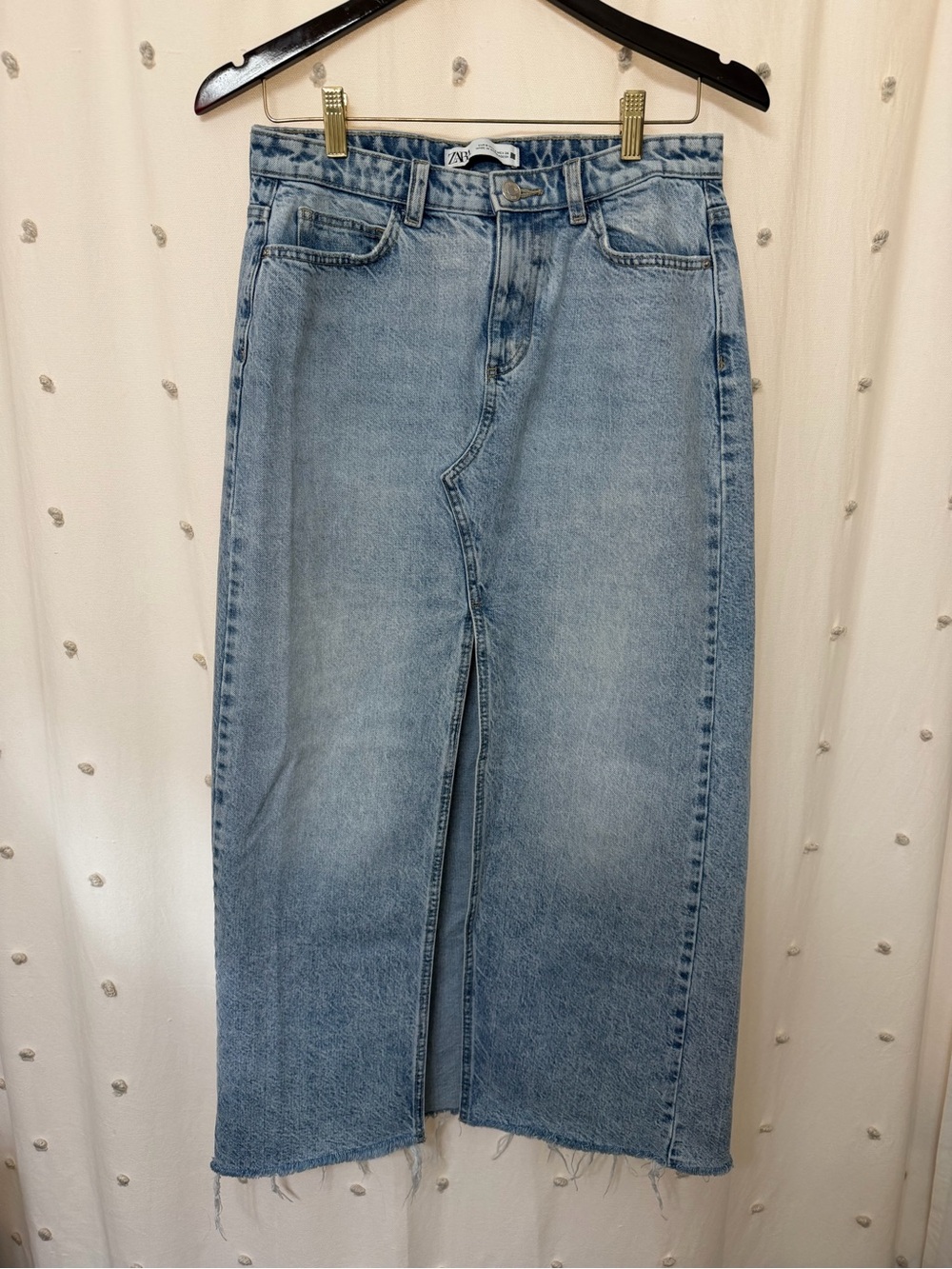 Zara Light Blue Denim Midi Skirt with Center Slit